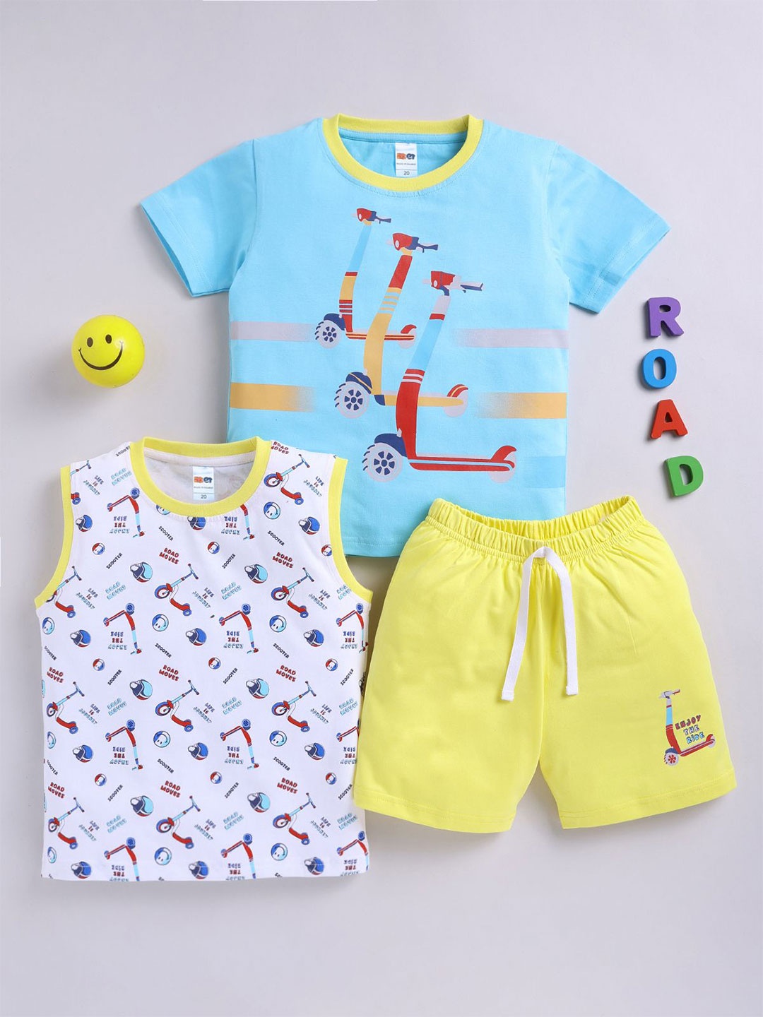 

LITTLE NINJA Boys Printed Round Neck Pure Cotton T-Shirt With Shorts & T-Shirt, Blue