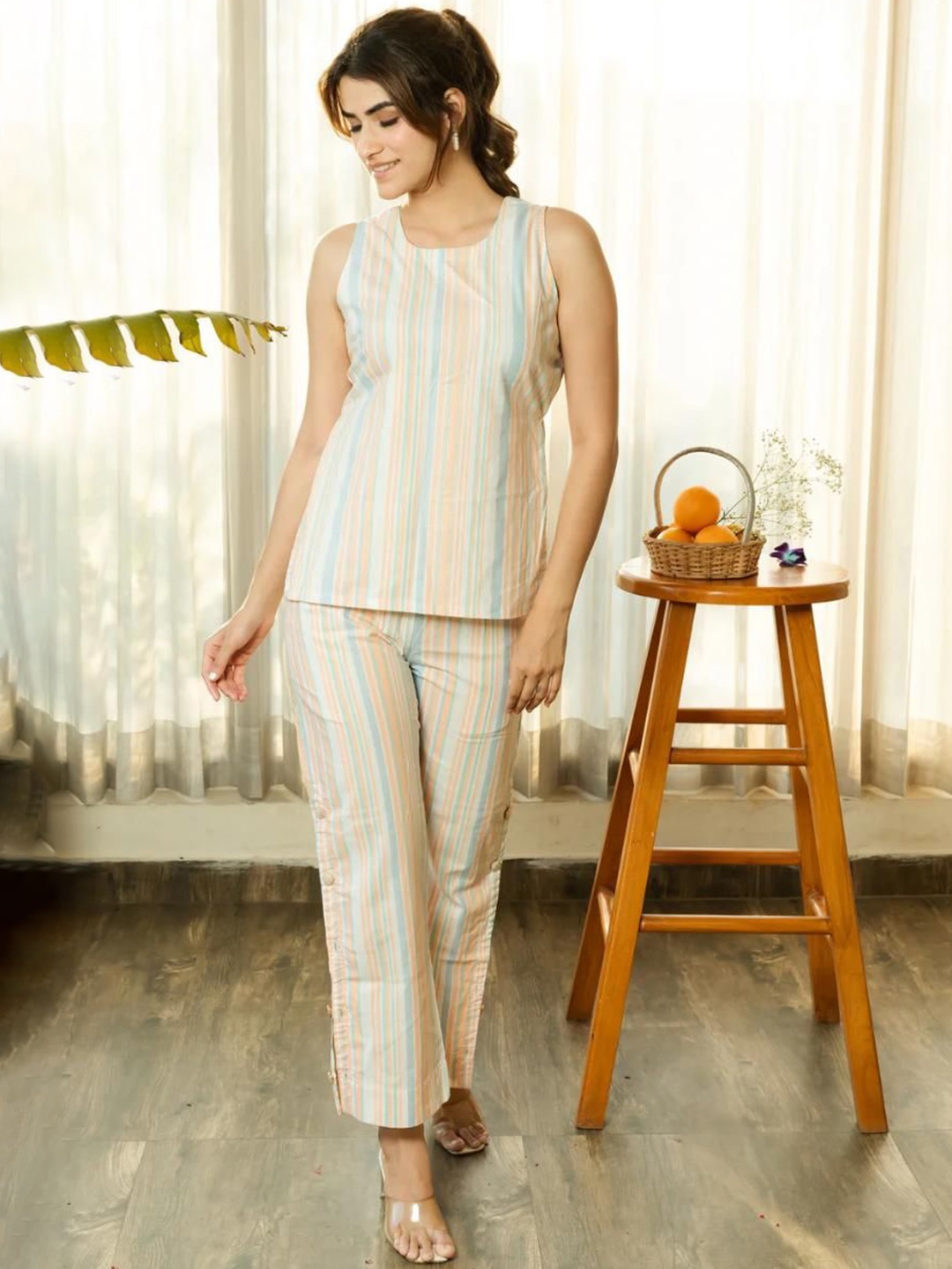 

SUKITI Striped Sleeveless Round Neck Pure Cotton Fiona Top And Trouser, Beige
