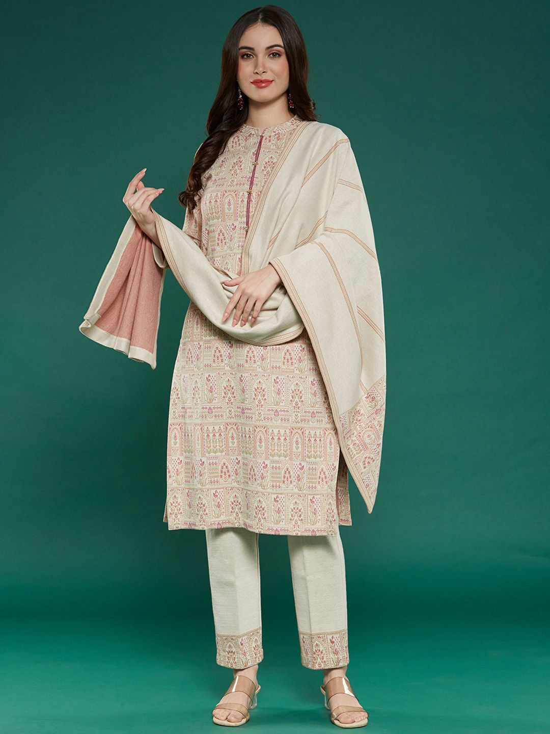

Peachmode Ethnic Motifs Woven Design Pure Wool Straight Kurta With Trousers & Dupatta, Beige