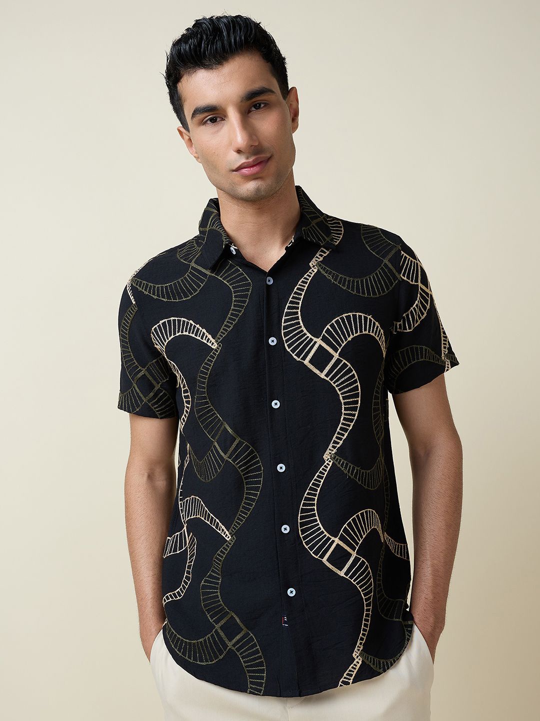 

Thomas Scott Men Embroidered Regular Fit Casual Shirt, Black