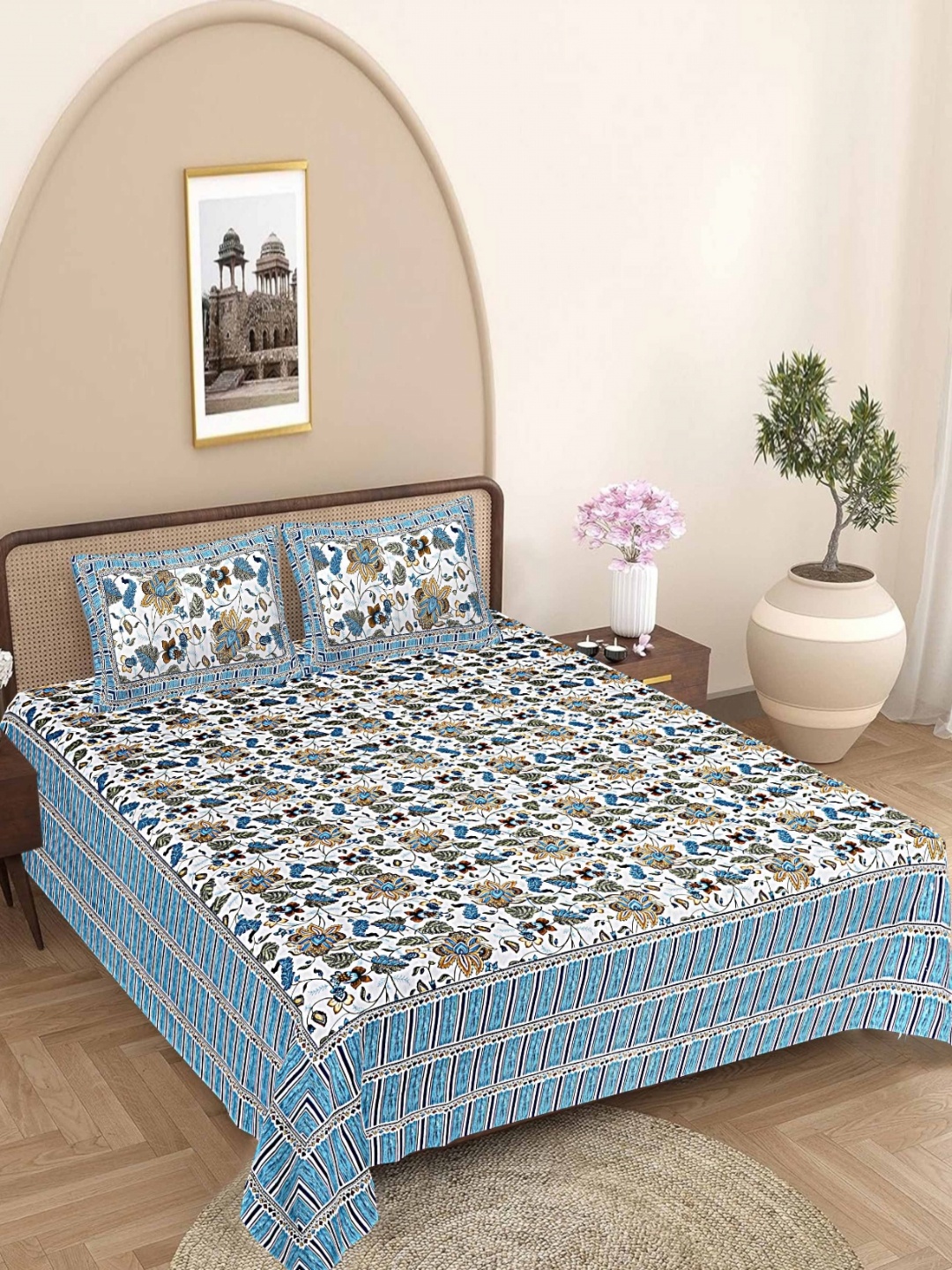 

VANI E Blue & White Printed Pure Cotton 180TC King Bedsheet Set- 2.28 m x 4.57 m