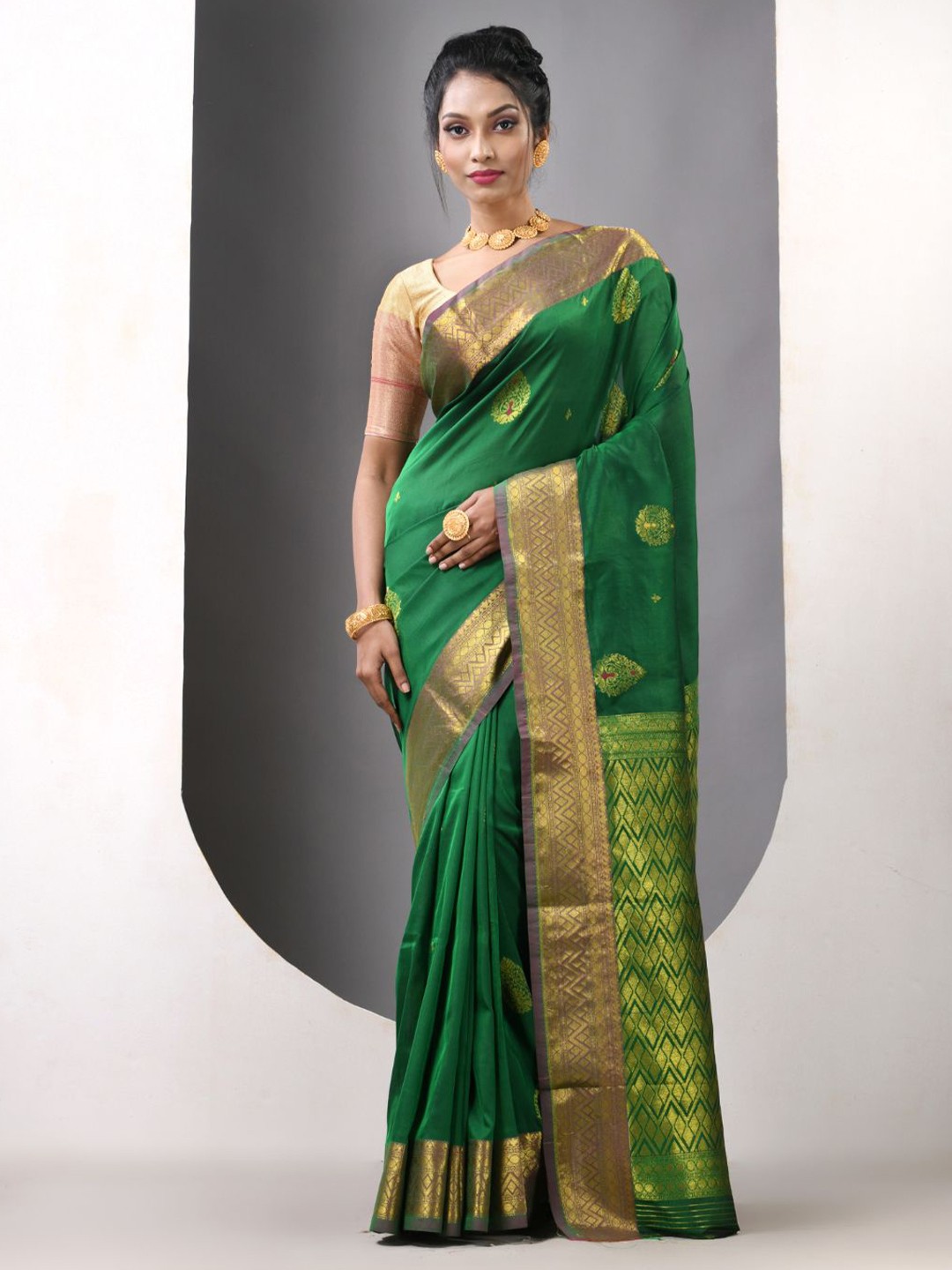

Charukriti Woven Design Ethnic Motifs Printed Zari Work Saree, Green