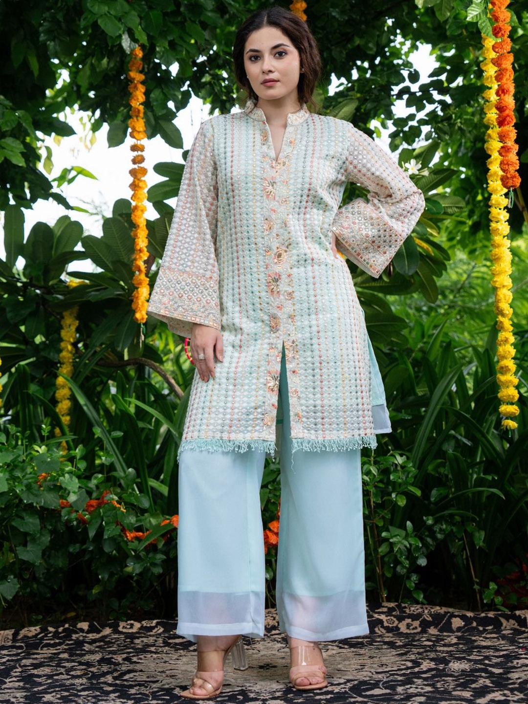 

ANUSHEET Embroidered Tunic With Trousers Co-Ords, Blue