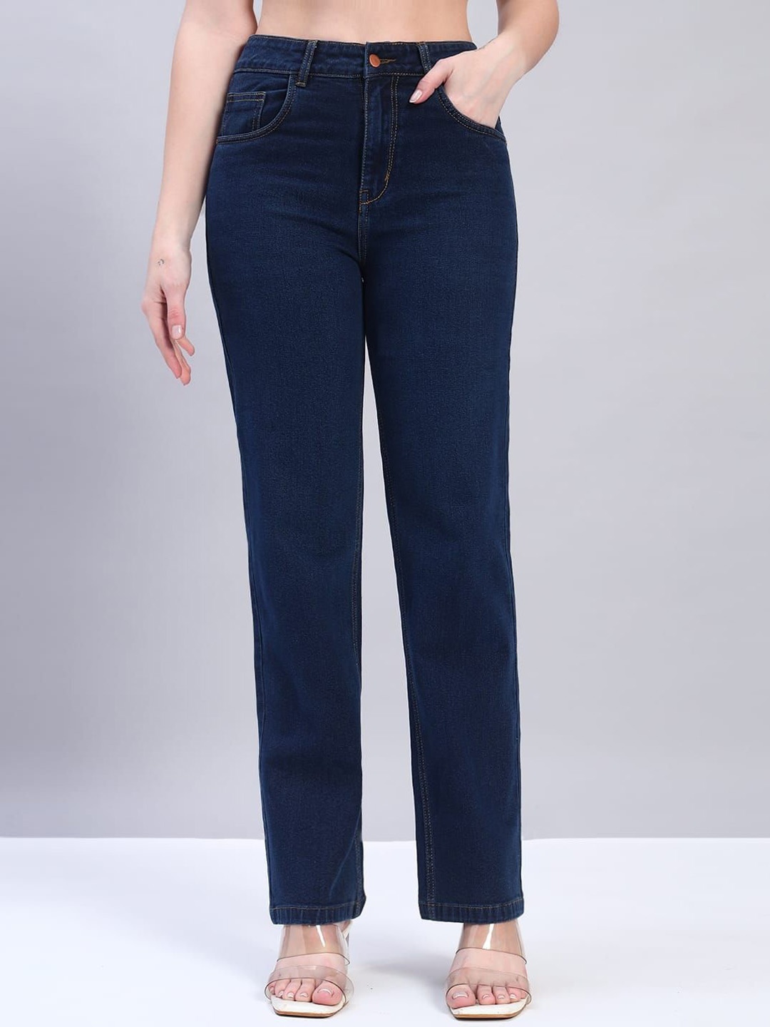 

FASHIONFIBRE Women Comfort Straight Fit High-Rise Light Fade Stretchable Jeans, Navy blue