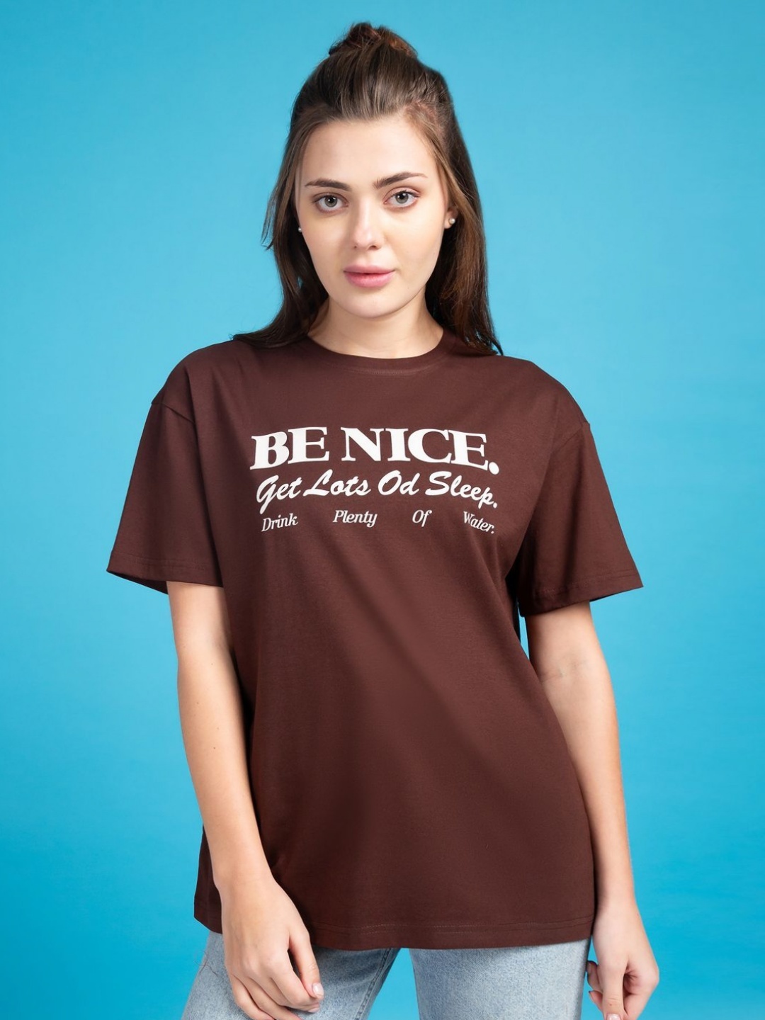 

Mast & Harbour Women Typography Printed Round Neck Cotton Oversized T-shirt, Brown