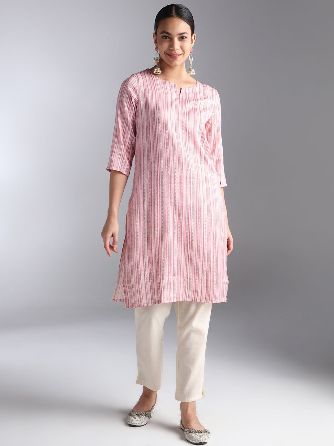 

House Of Dharaa Striped Notch Neck Straight Kurta, Pink
