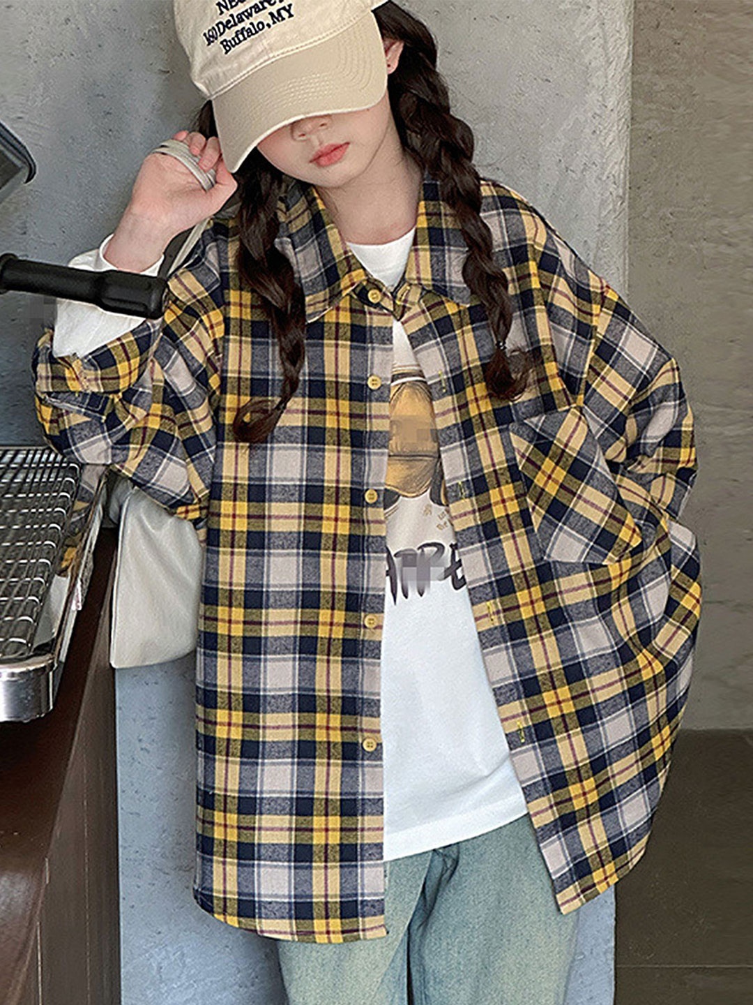 

LULU & SKY Girls Oversized Fit Spread Collar Tartan Checked Casual Shirt, Yellow