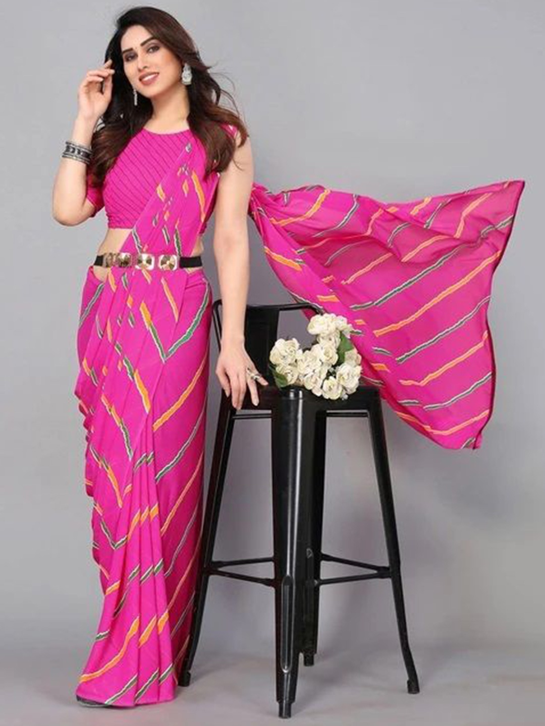 

Styleveda Leheriya Block Print Saree, Pink