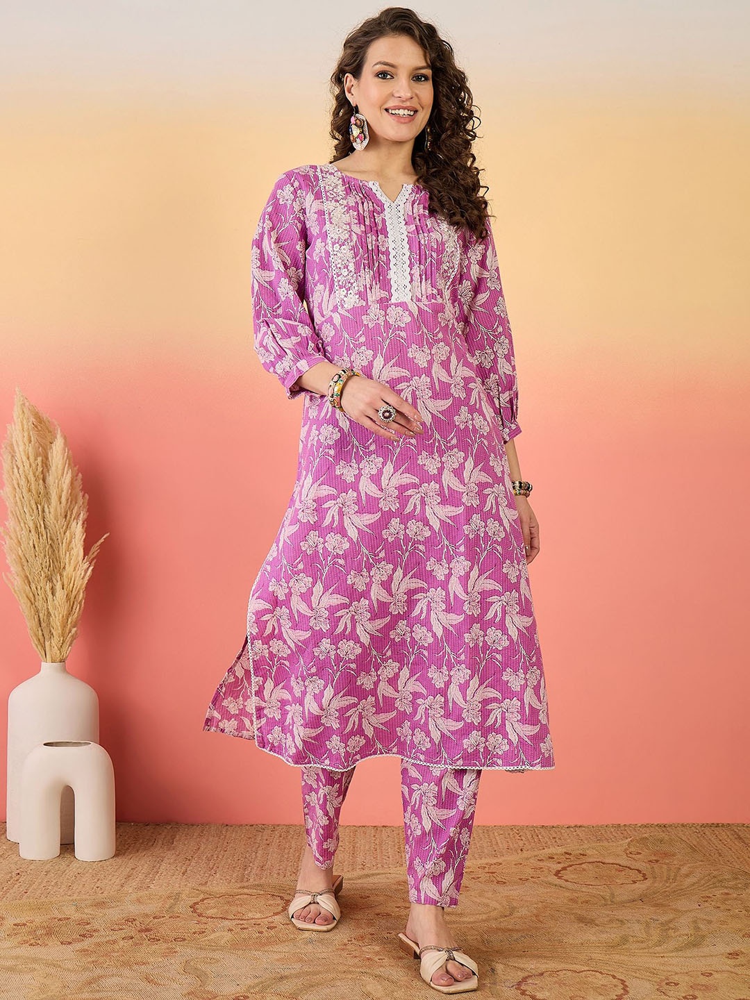 

Sangria Floral Printed & Embroidered Cotton Kurta With Trousers Set, Purple