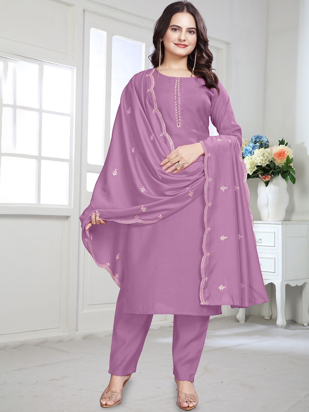 

SATPURUSH Stones & Beads Work Kurta With Trousers & Dupatta, Purple