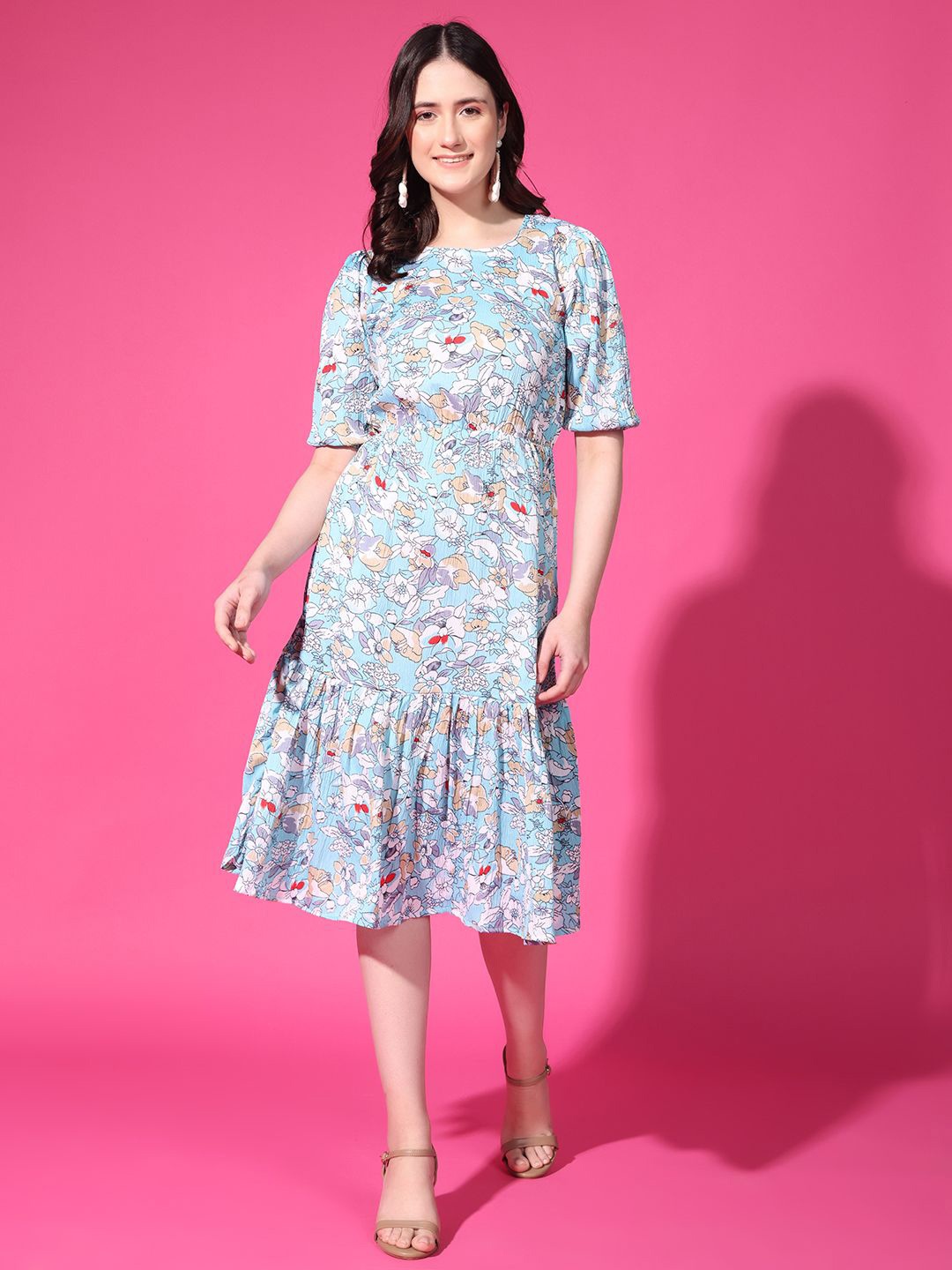 

Istyle Can Women Floral Print Fit and Flare Dress, Blue
