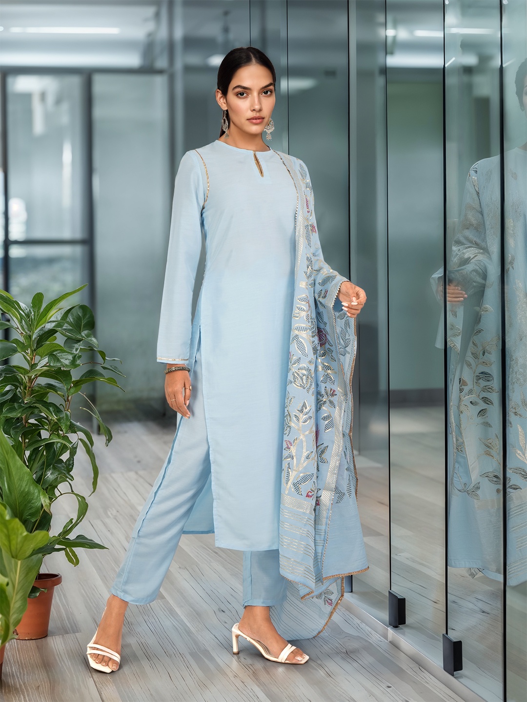 

all about you Keyhole Neck Gotta Patti Kurta with Trousers & Printed Dupatta, Blue