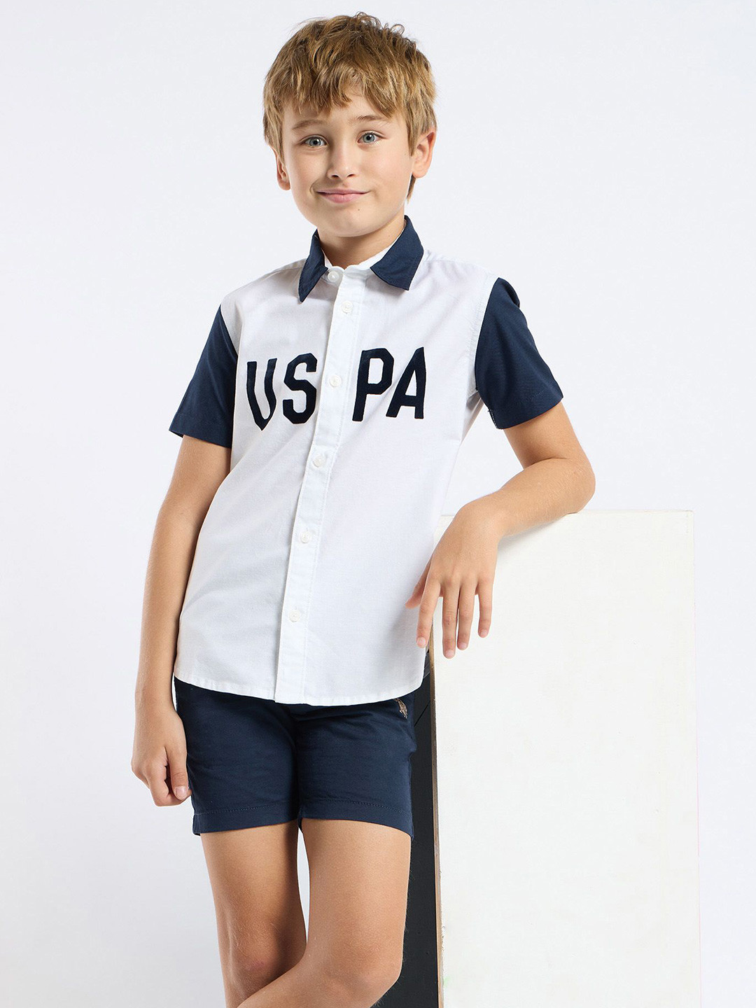 

U.S. Polo Assn. Kids Boys Classic Fit Spread Collar Typography Printed Cotton Casual Shirt, White