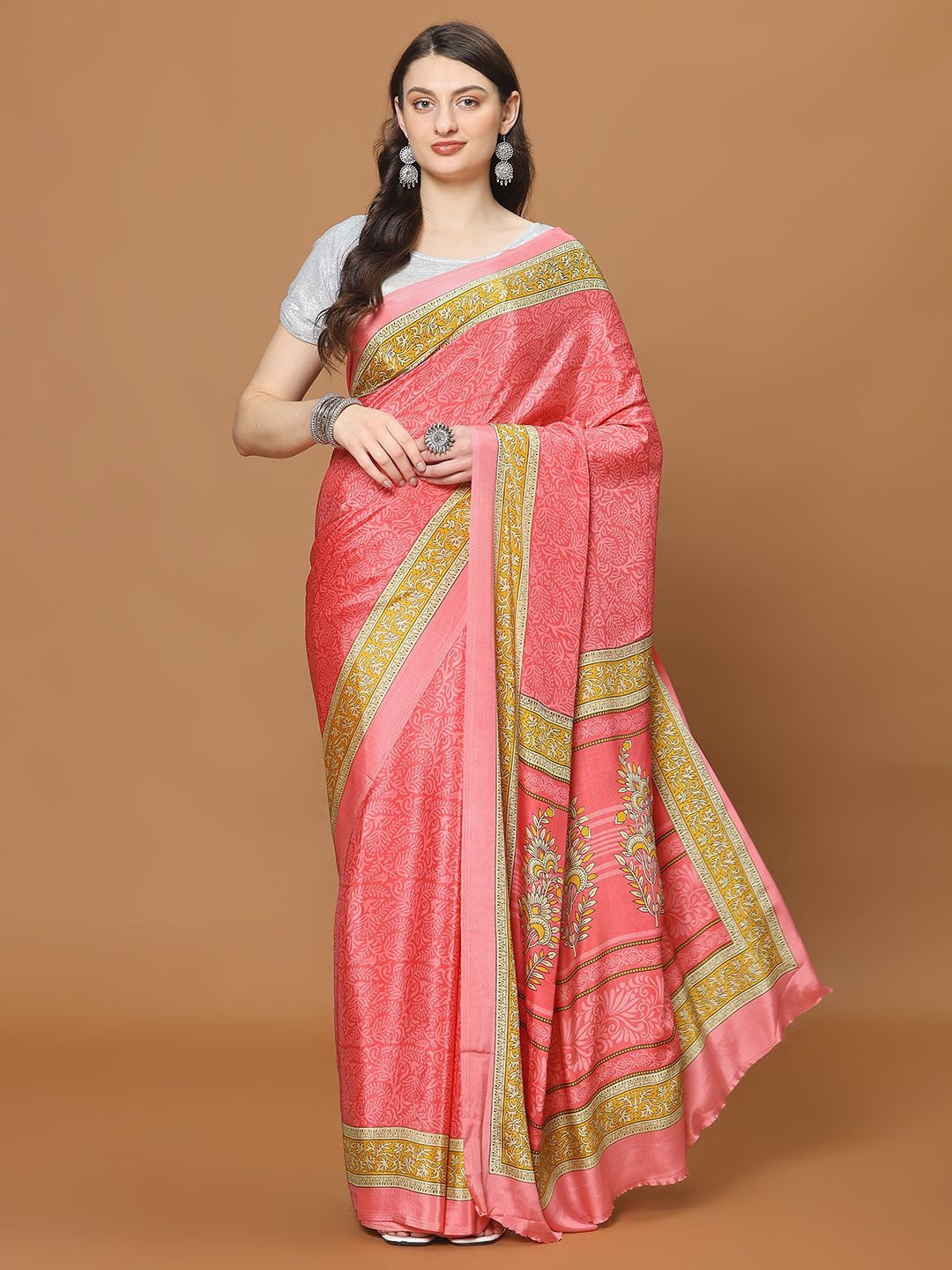 

Meena Bazaar Floral Poly Crepe Saree, Pink