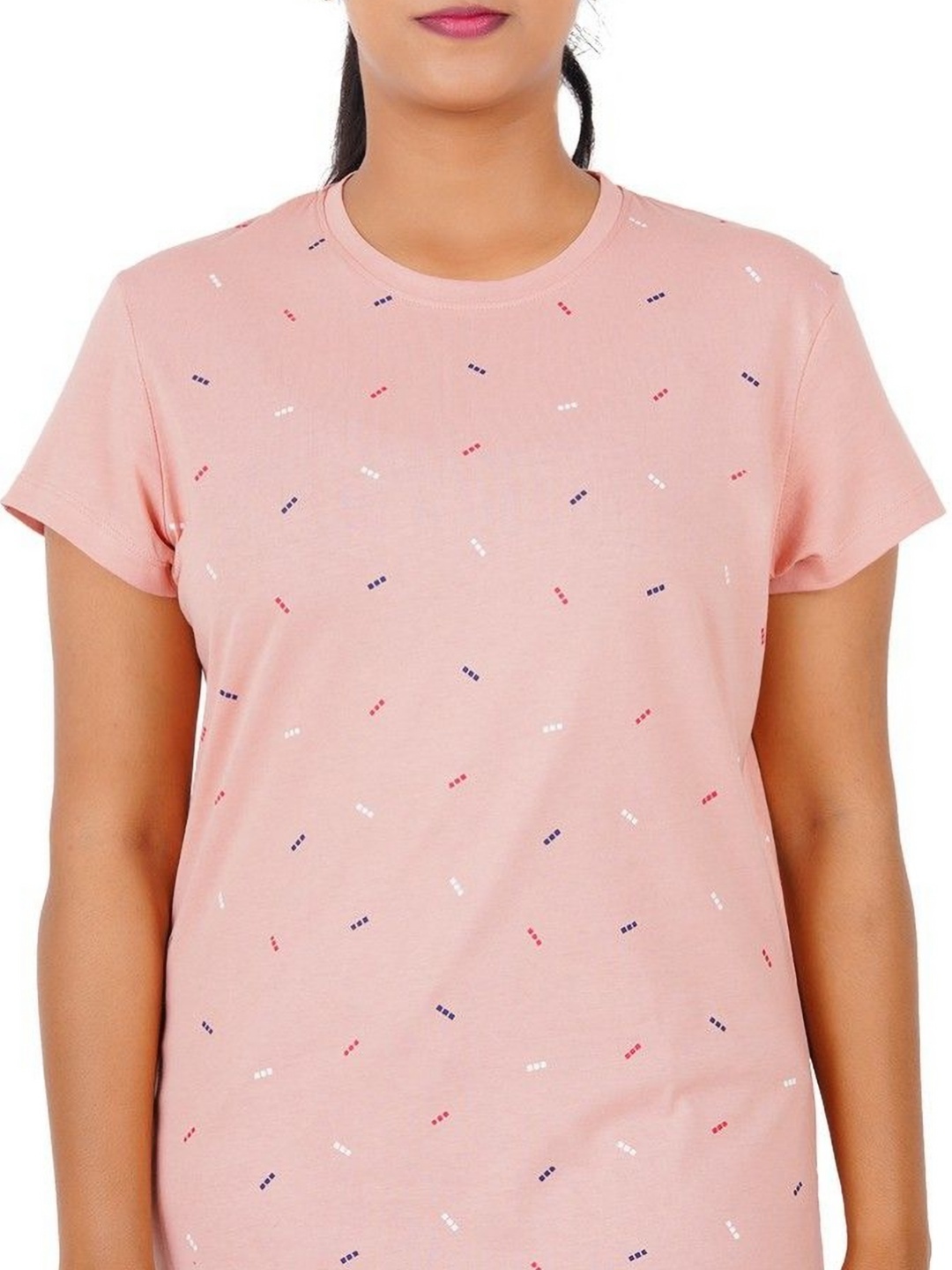 

GUIDE Women Geometric Printed Round Neck Cotton T-shirt, Peach