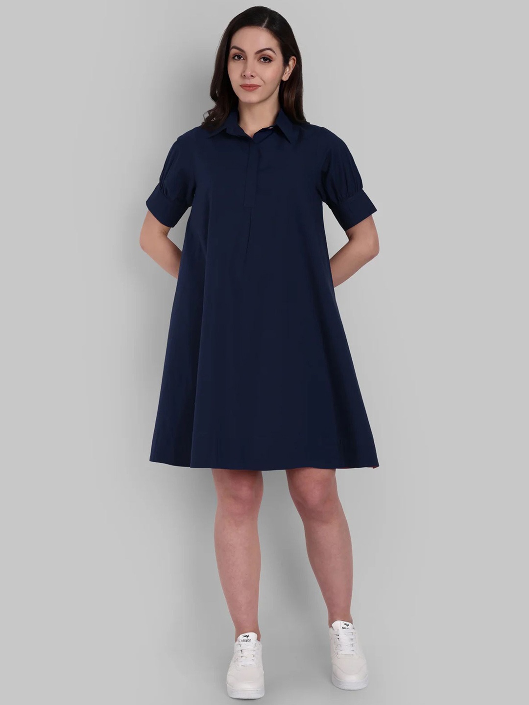 

Mera Rang Solid Cotton Cuffed Sleeves Fit & Flare Dress, Navy blue