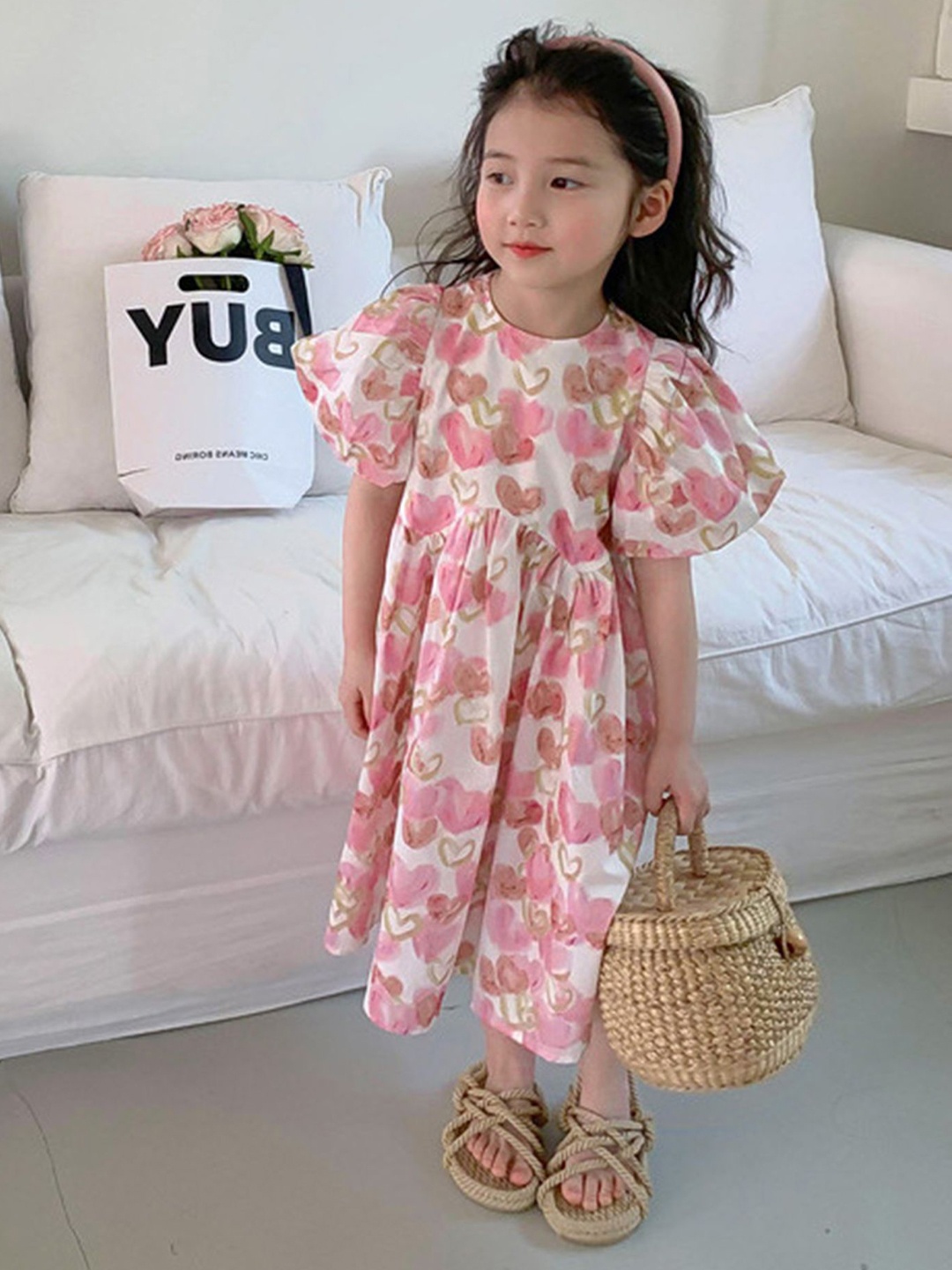 

LULU & SKY Girls Graphic Heart Print Flutter Sleeves Round Neck Empire Dress, Pink