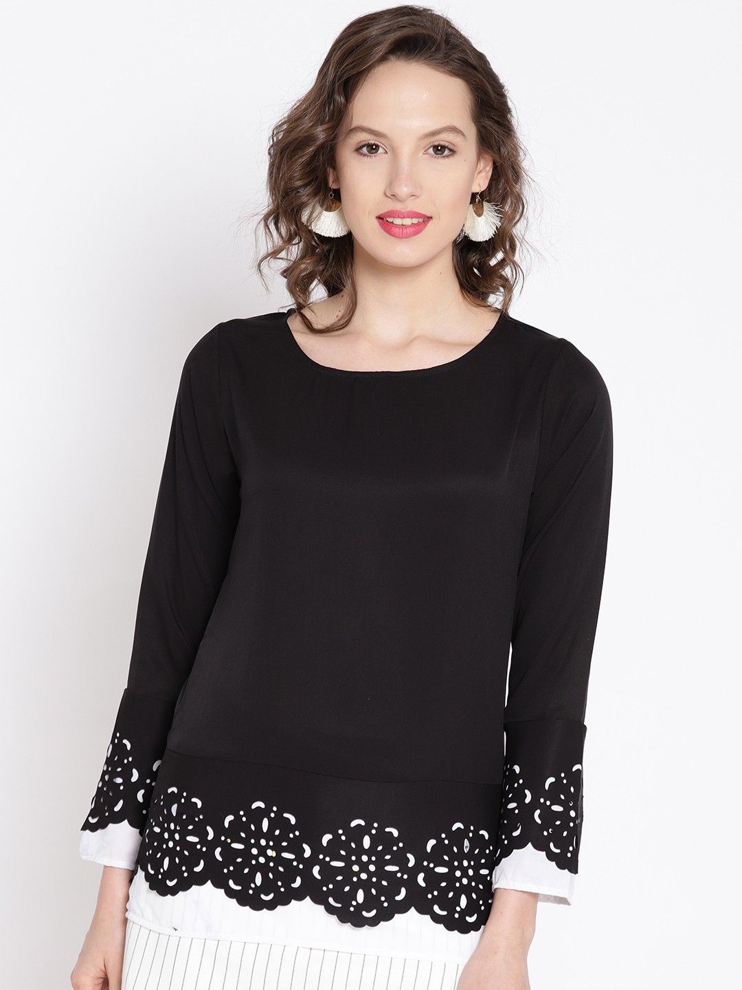 

Moda Rapido Women Self Design Schiffli Round Neck Top, Black
