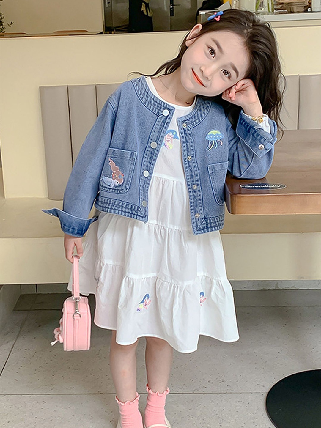 

LULU & SKY Girls Embroidered Round Neck Cotton Fit and Flare Dress With Denim Jacket, Blue
