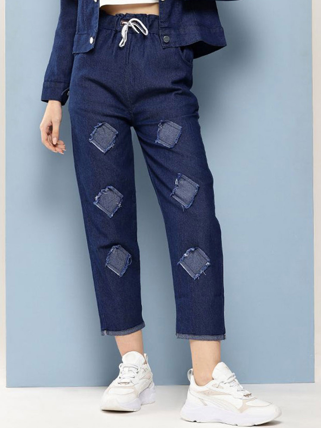 

CORSICA Round Neck Pure Cotton Top With Trousers And Jacket, Navy blue