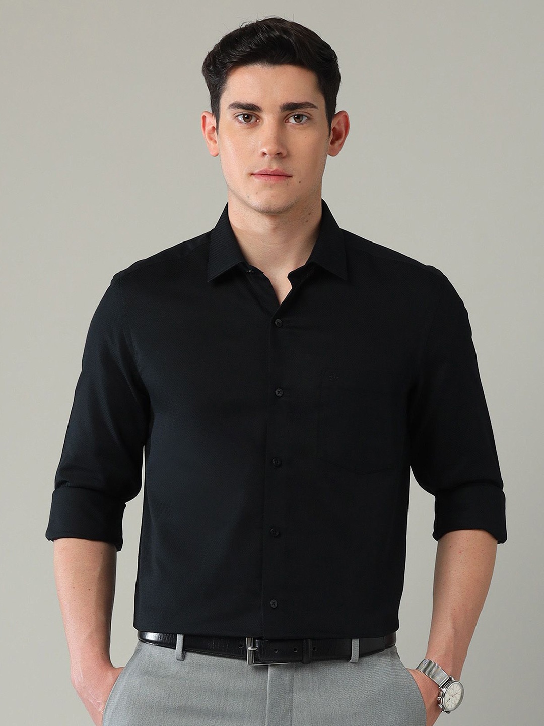 

Arrow Men Slim Fit Spread Collar Textured Cotton Formal Shirt, Black