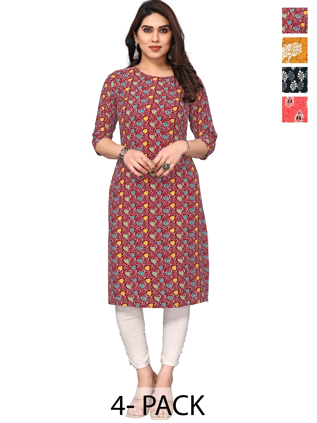 

KETAKI FASHION Selection Of 4 Floral Printed Round Neck Straight Kurtas, Red