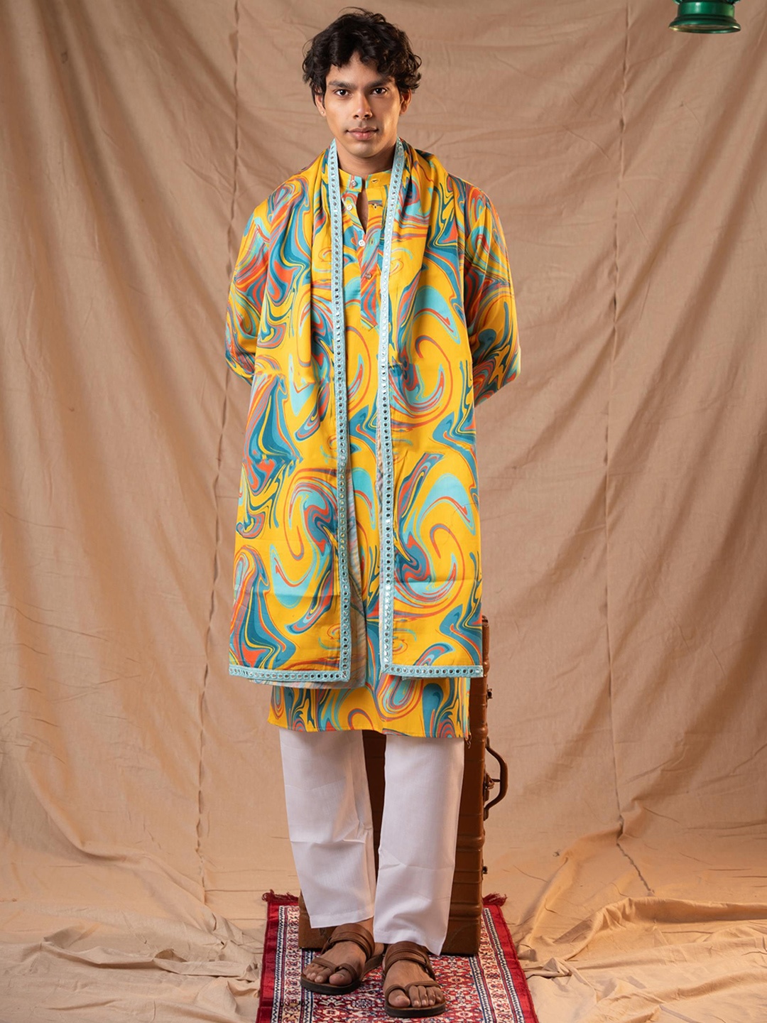 

5 Stitch Quirky Printed Band Collar Straight Kurta With Pyjamas And Dupatta, Yellow