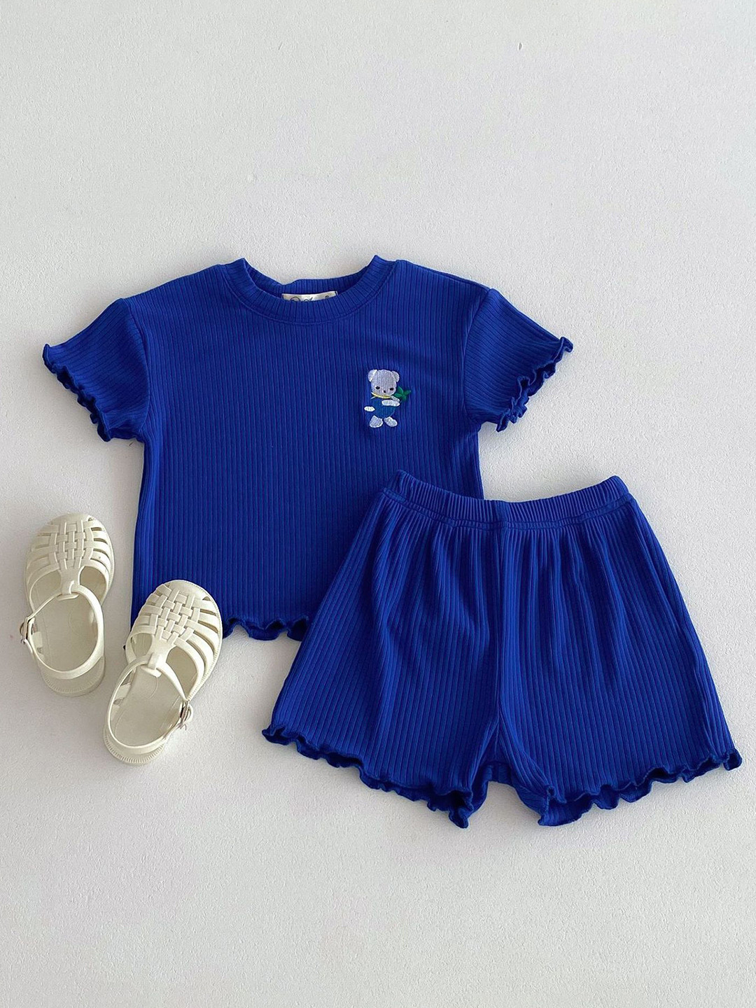 

LULU & SKY Girls Embroidered Pure Cotton T-Shirt With Shorts, Blue