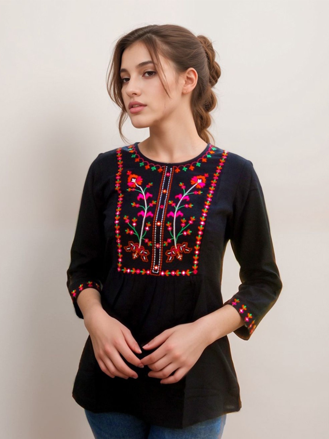 

Classy Hangers Embroidered Top, Black