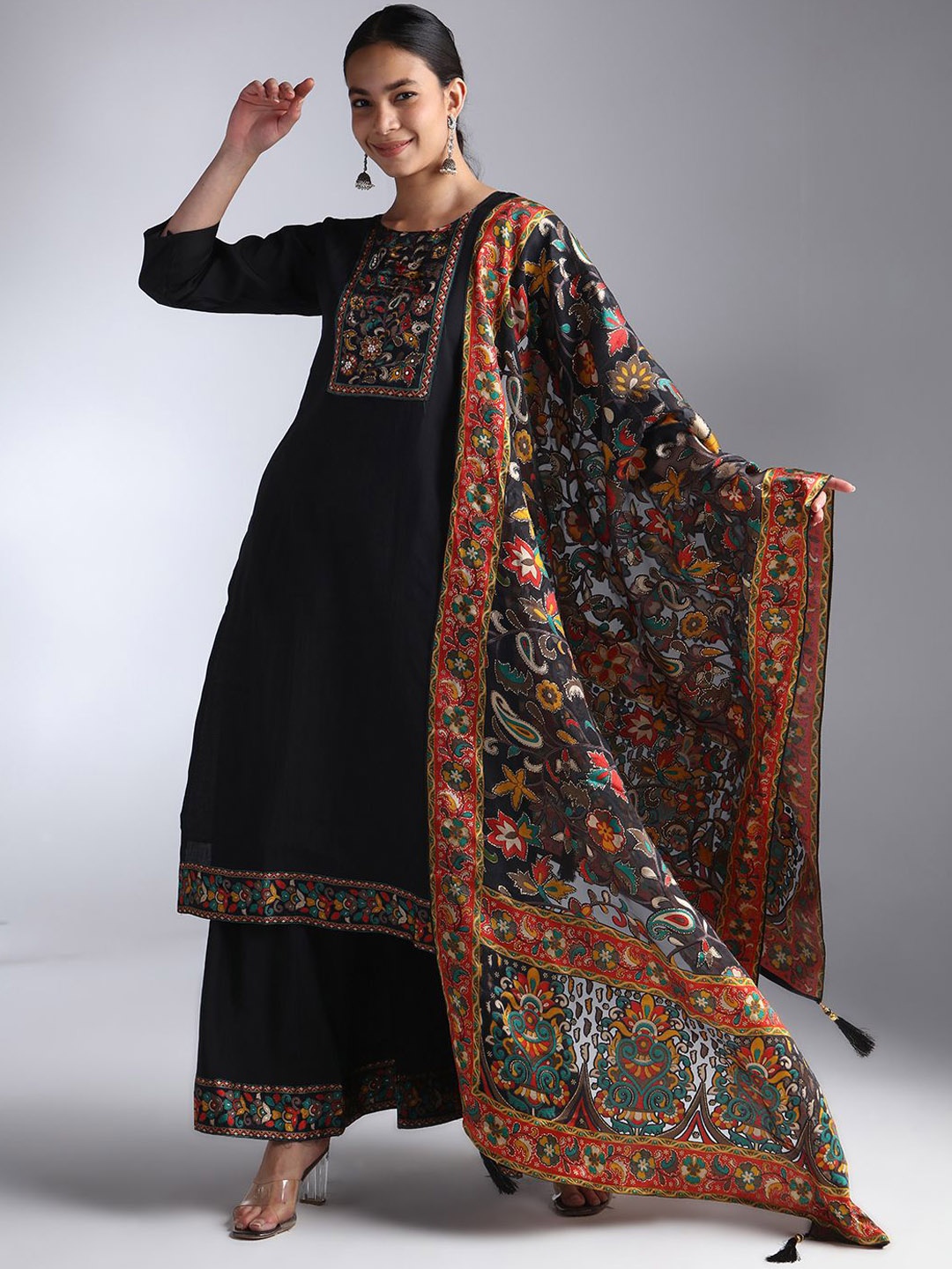 

House Of Dharaa Floral Yoke Design Chanderi Silk Kurta With Palazzos And Dupatta, Black