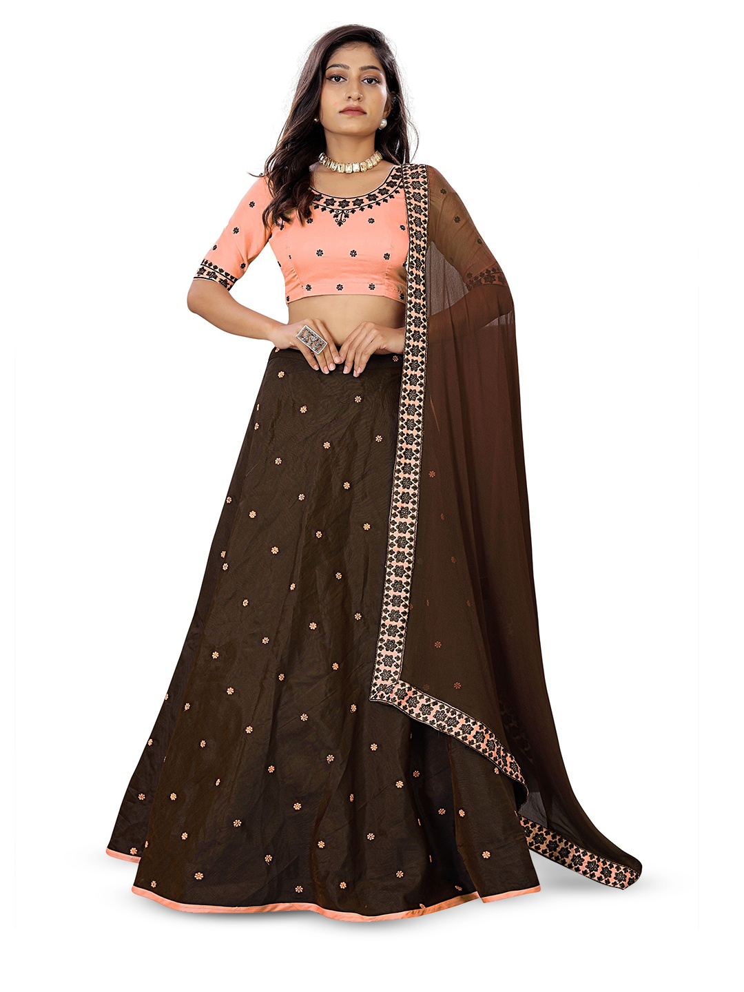 

Anneca Girls Embroidered Thread Work Ready to Wear Lehenga & Blouse With Dupatta, Peach