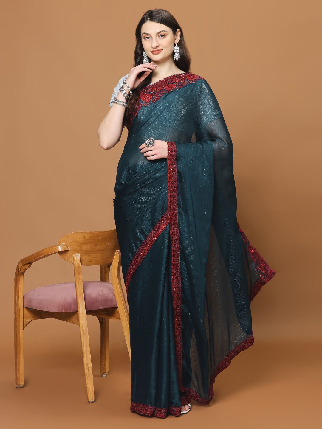 

Meena Bazaar Striped Beads and Stones Saree, Navy blue