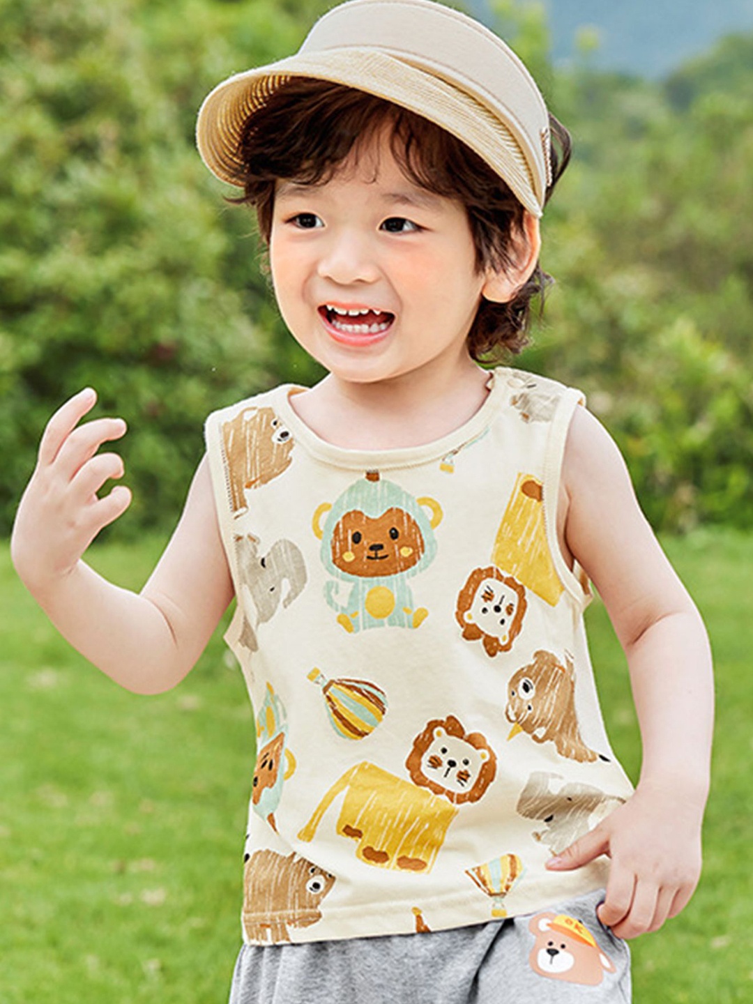 

LULU & SKY Boys Printed Cotton Tank Top, Beige