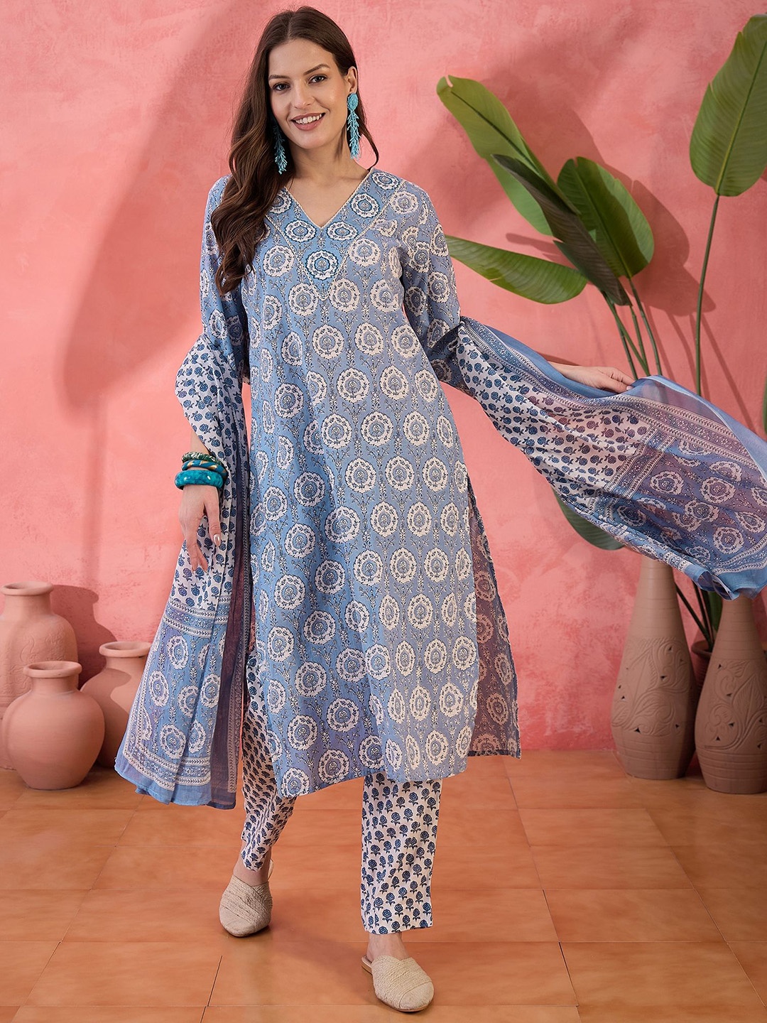 

RangDeep Floral Printed V Neck Pure Cotton Kurta With Trousers & Dupatta, Blue