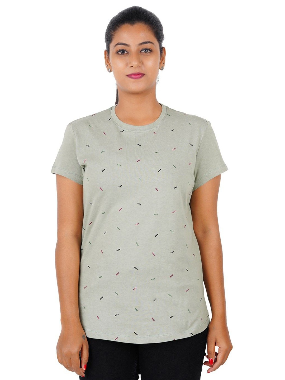 

GUIDE Women Geometric Printed Round Neck Cotton T-shirt, Green