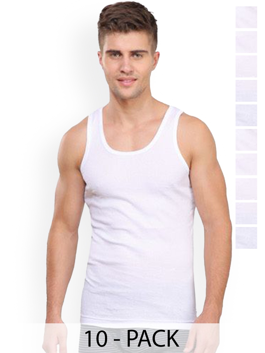 

Rupa Pack Of 10 Striped Pure Cotton Undershirt Vests Frontline-Rib-White-RN-10-90