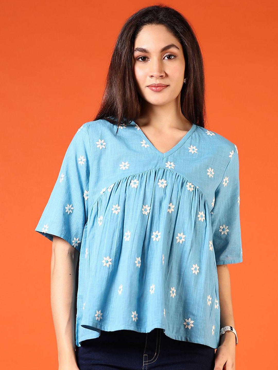 

V-Mart Floral Embroidered Cotton Empire Top, Blue