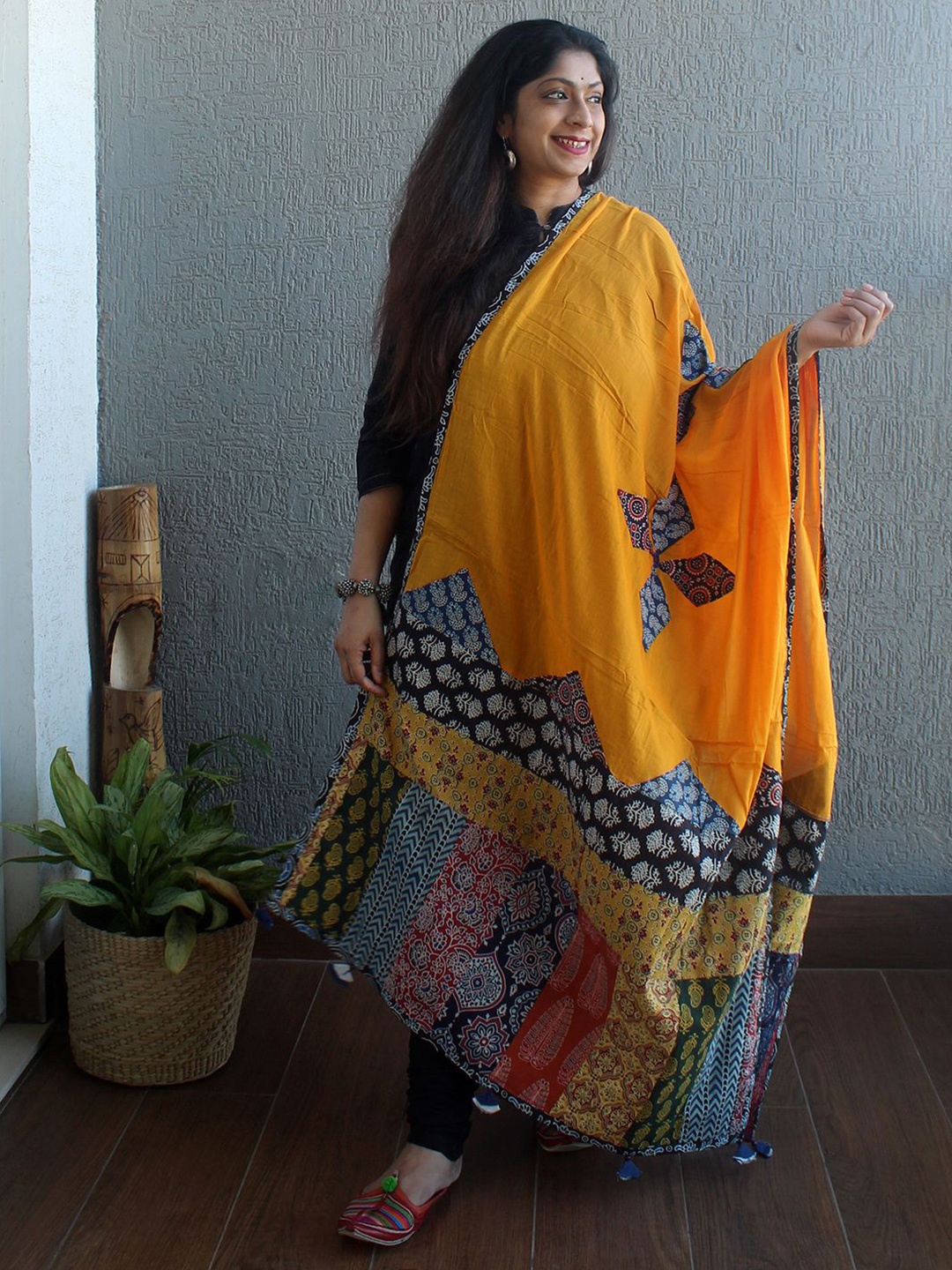 

Weaves of Tradition Ethnic Motifs Printed Pure Cotton Block Print Dupatta with Patchwork, Orange