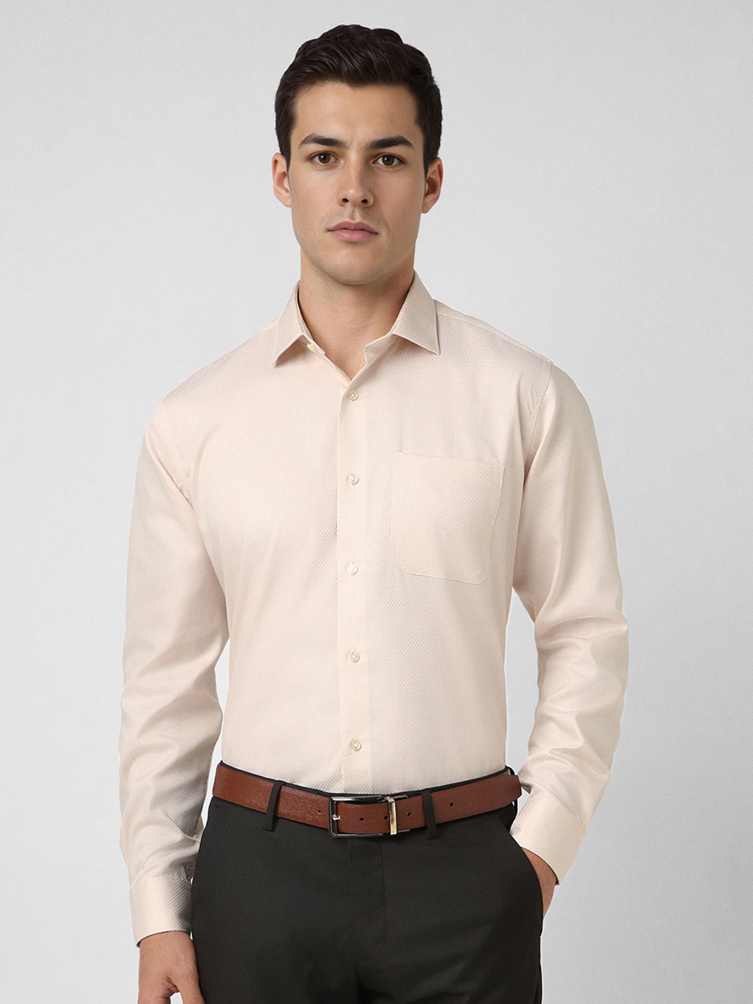 

Van Heusen Men Spread Collar Textured Cotton Formal Shirt, Beige