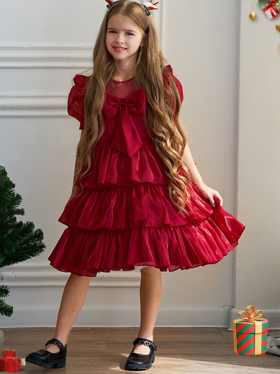 

LULU & SKY Girls Round Neck A-Line Knee Length Dress, Red