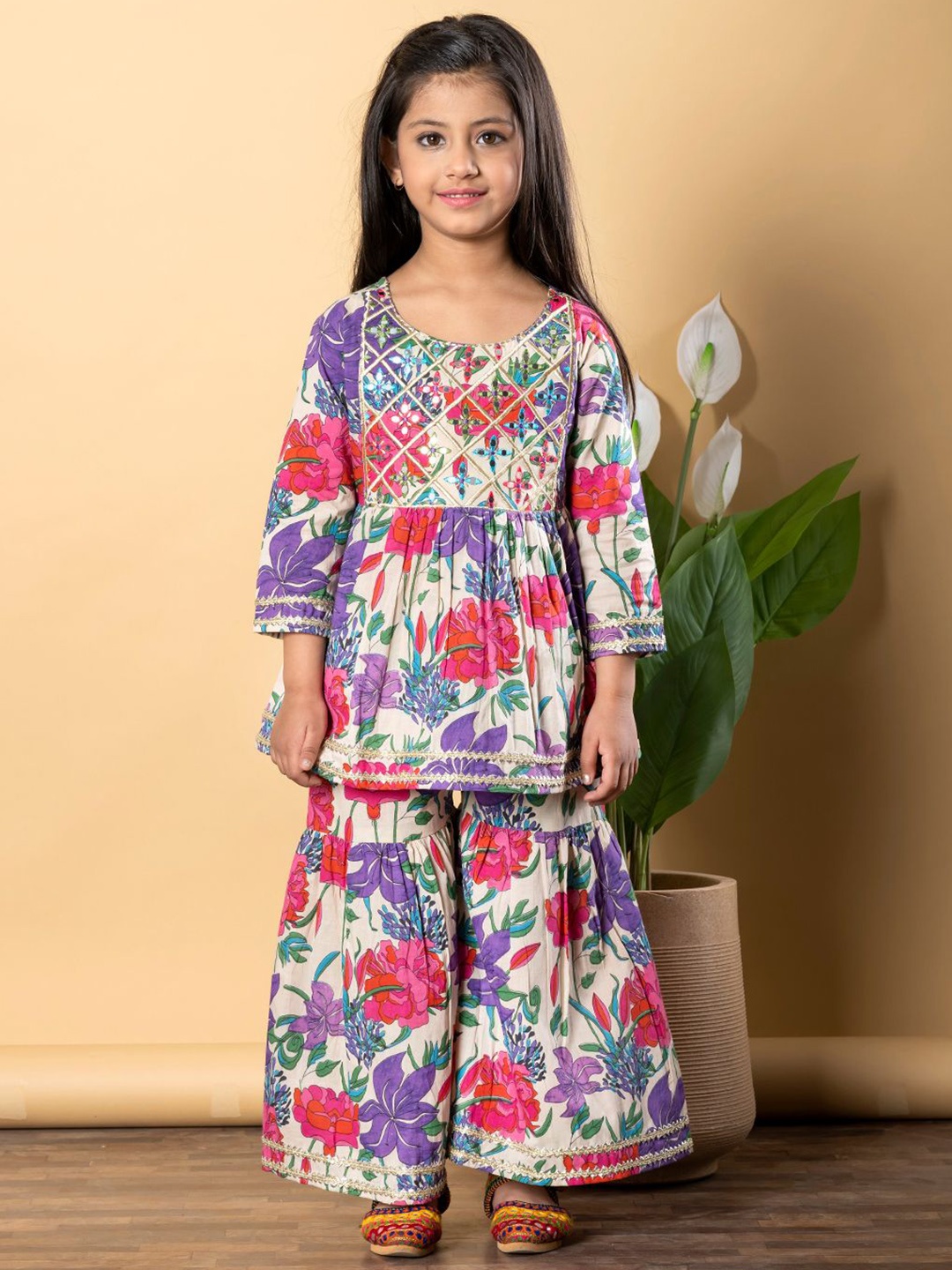 

Readiprint Girls Floral Printed Pure Cotton Anarkali Kurti With Sharara, Purple