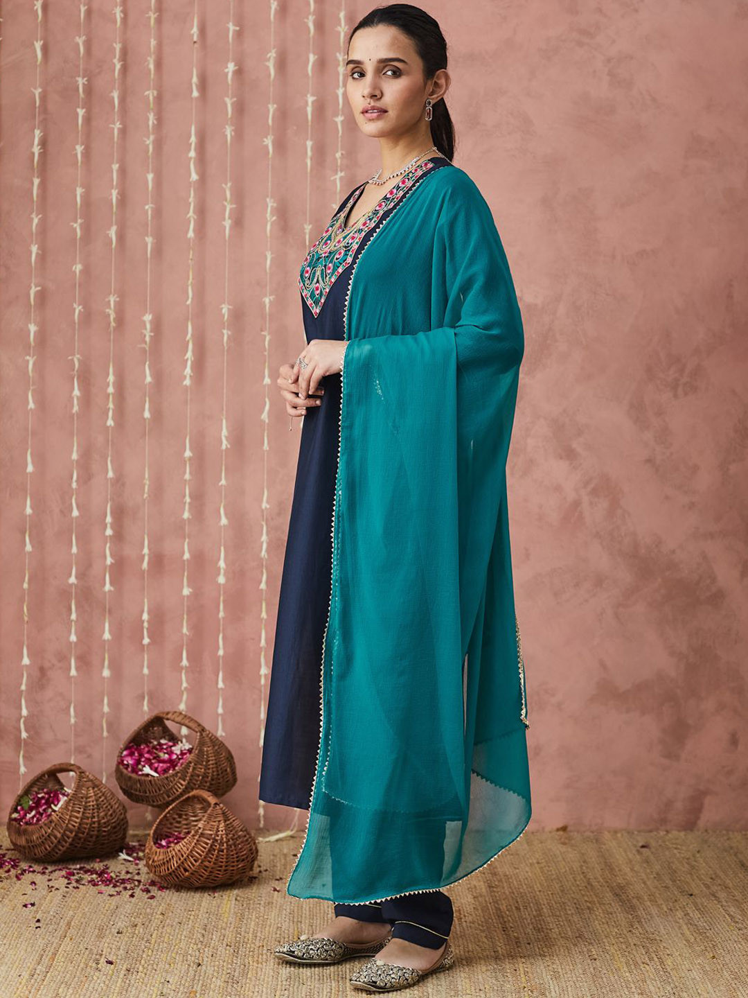 

SANSKAR Floral Embroidered V-Neck Straight Kurta With Trouser & Dupatta, Blue