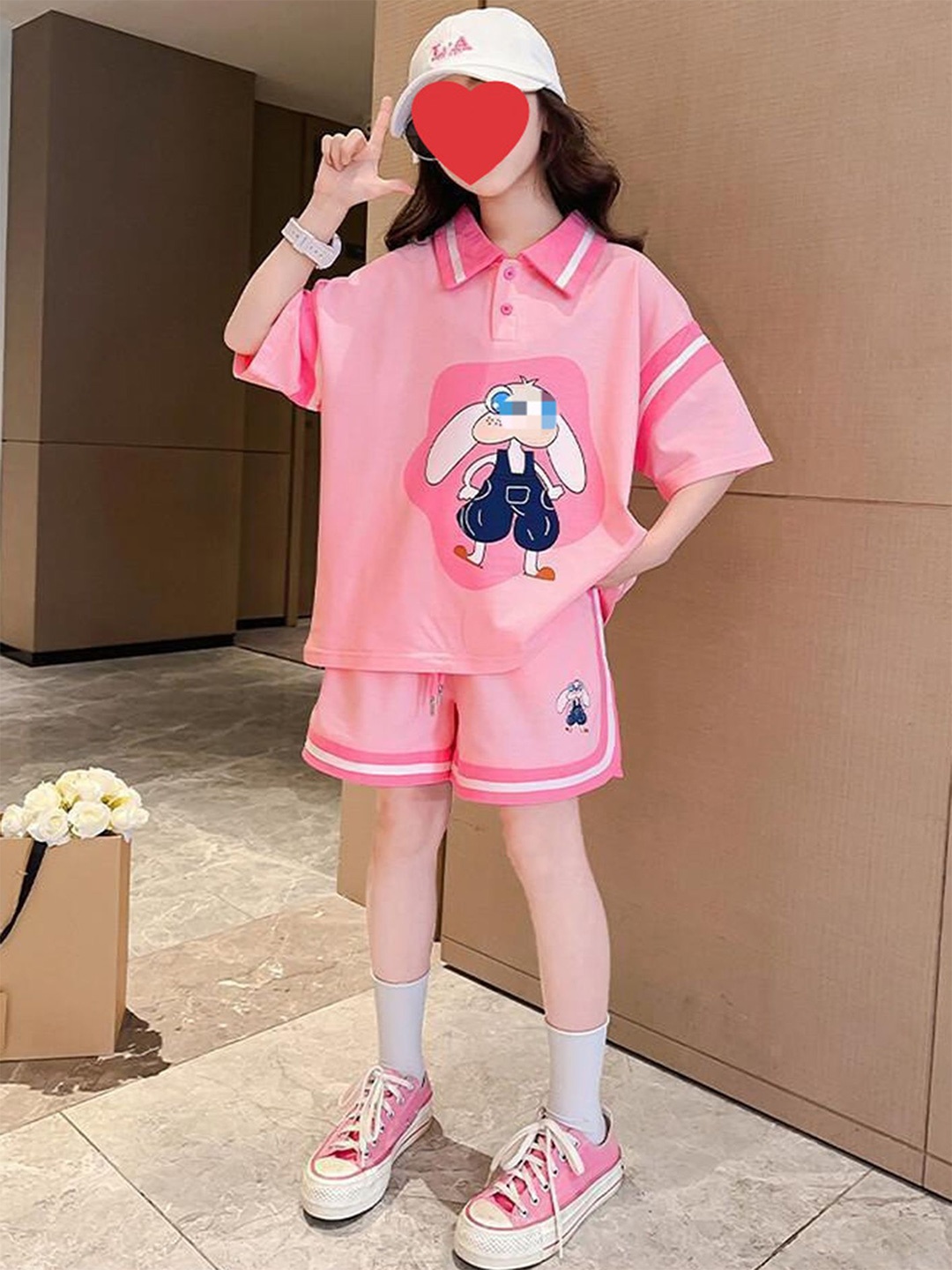 

LULU & SKY Girls Cartoon Printed Polo Collar T-Shirt With Shorts, Pink
