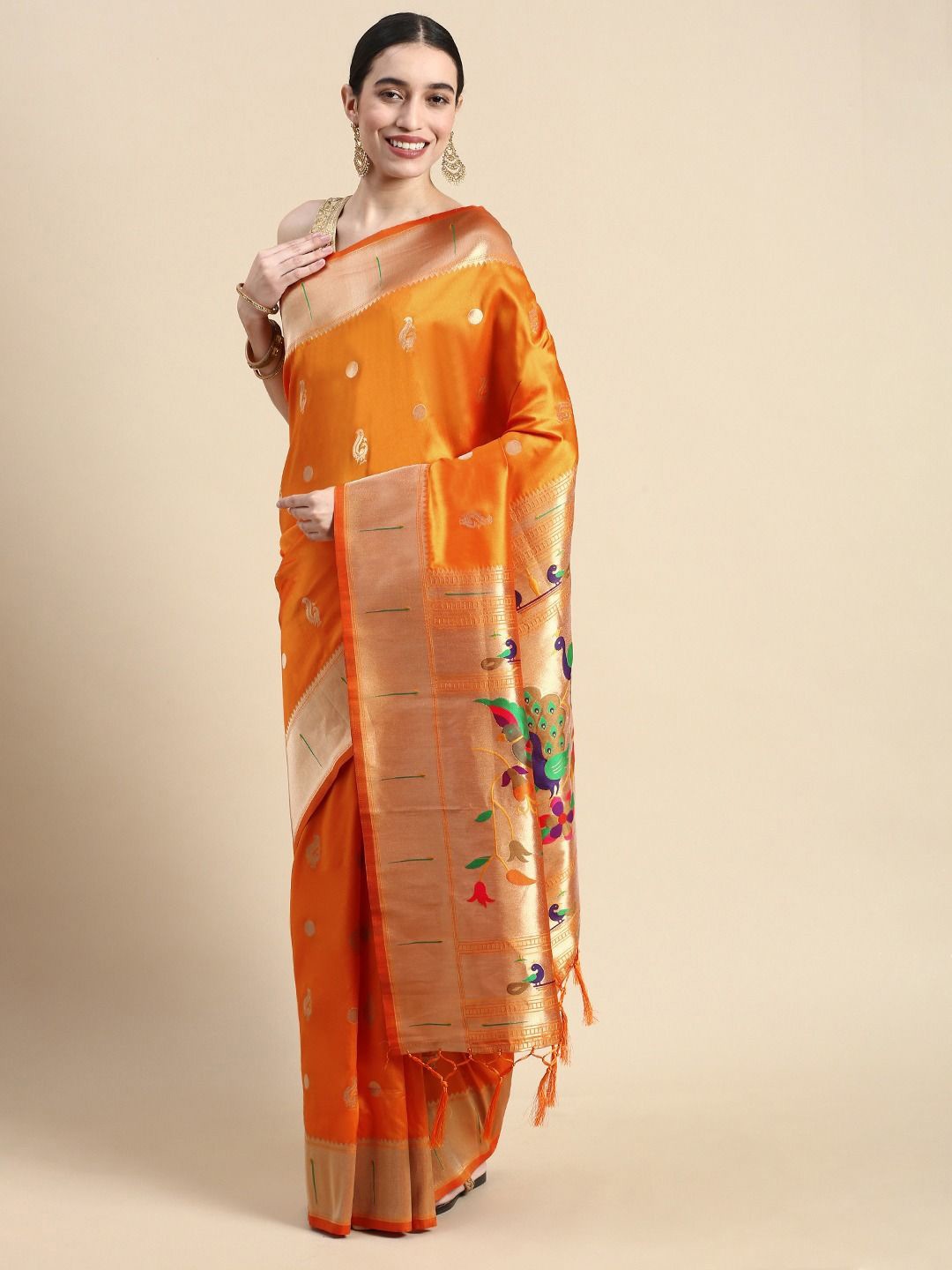 

DIVASTRI Woven Design Zari Silk Blend Paithani Saree, Orange