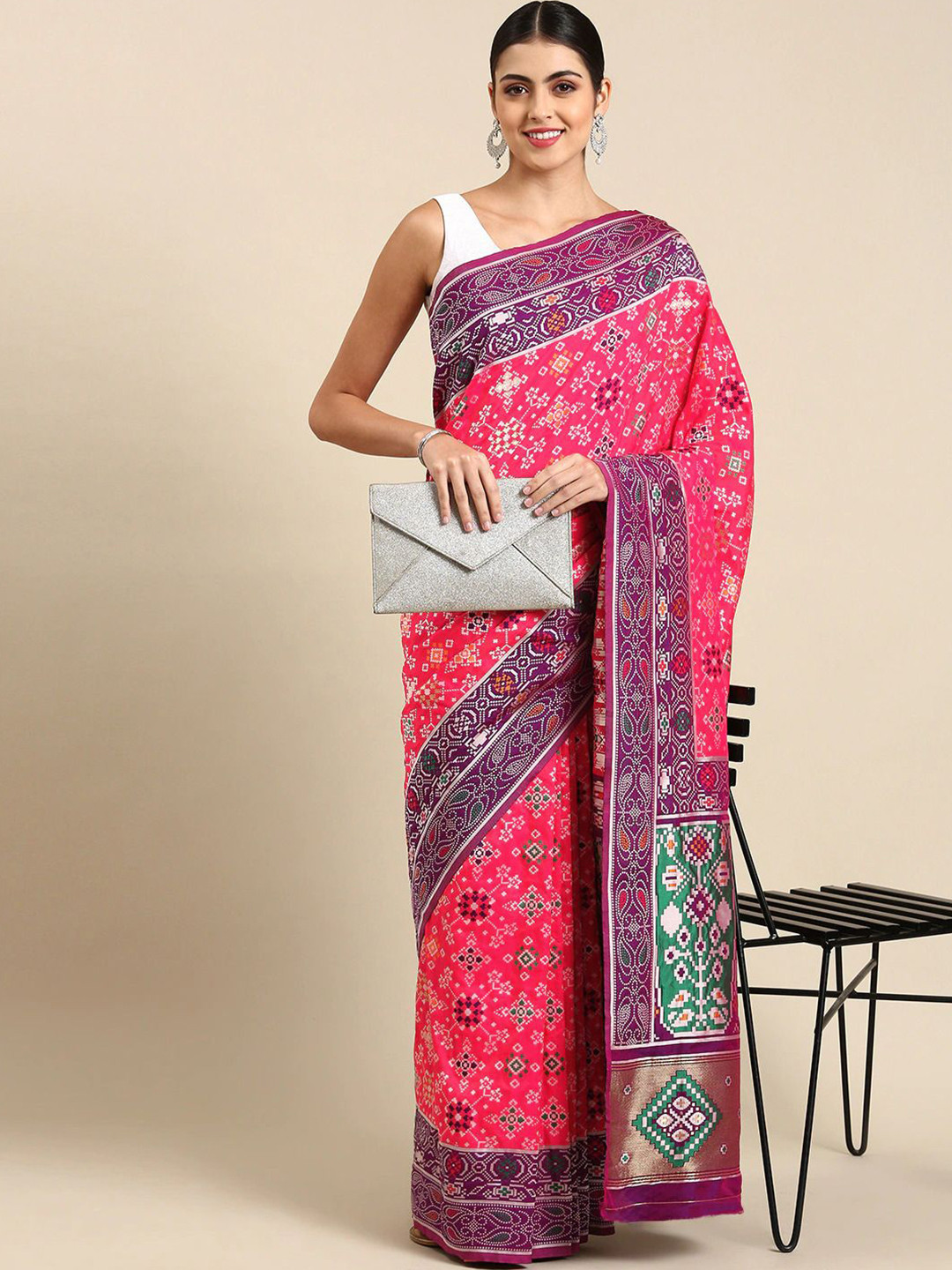 

DIVASTRI Women Woven Design Zari Patola Saree With Unstitched Blouse Piece, Pink