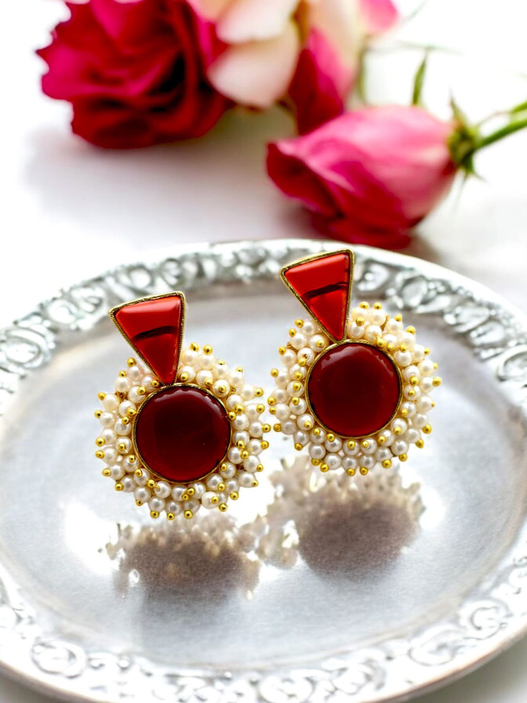 

TISHUL JEWELS Gold-Plated Artificial Stones Studded Classic Drop Earrings, Red