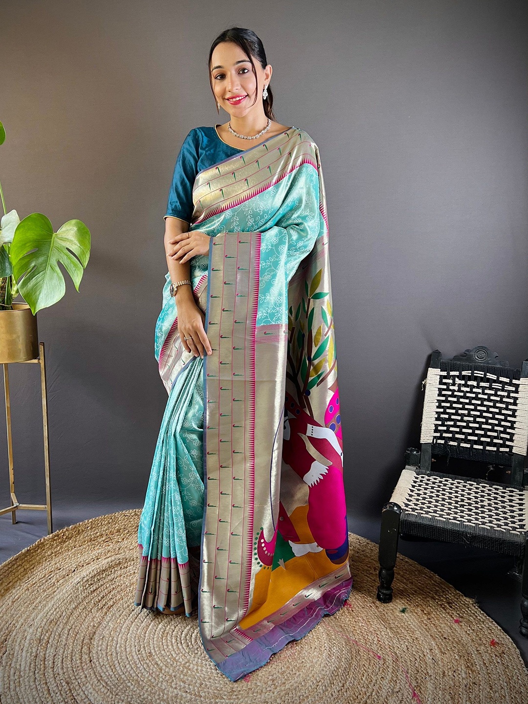 

RAJ DHARMA SILK Woven Design Zari Paithani Saree, Turquoise blue