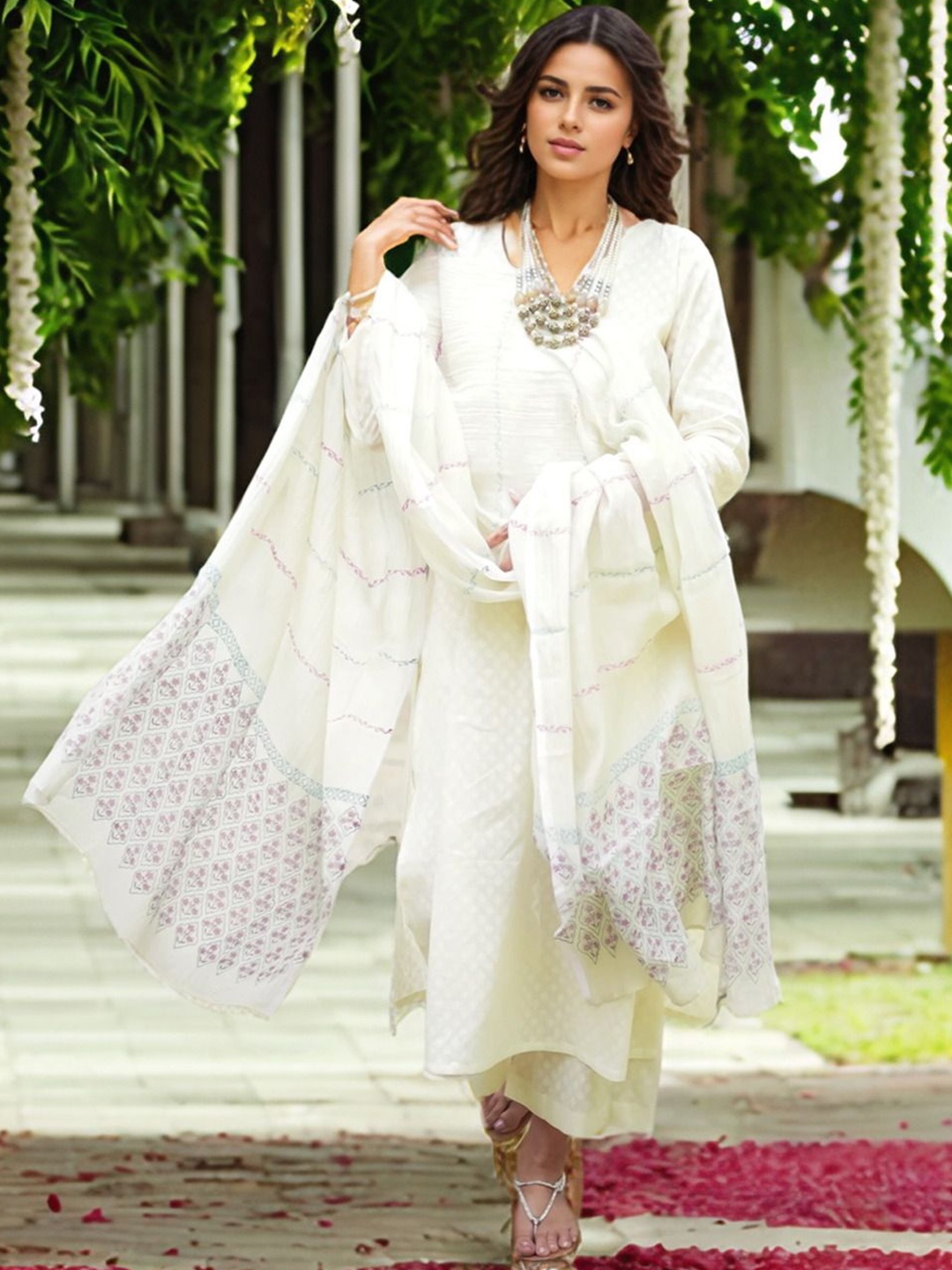 

Anni Designer Floral Printed V-Neck Straight Kurta with Trousers & Dupatta, White
