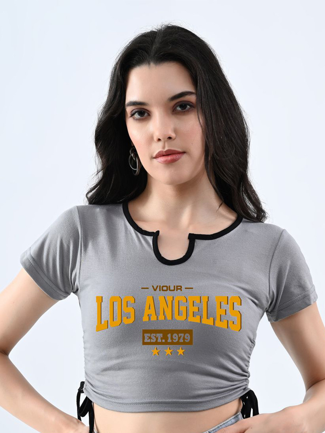 

Moda Rapido Women Typography Printed Round Neck Cotton Top, Grey