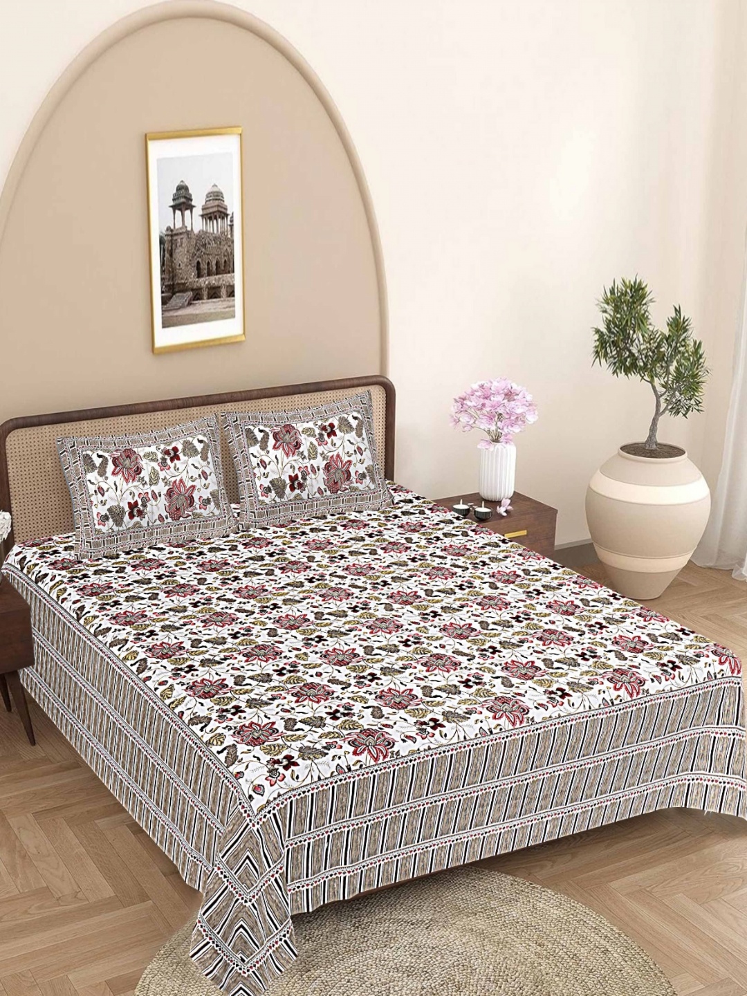 

VANI E Blue & White Printed Pure Cotton 180TC King Bedsheet Set- 2.28 m x 4.57 m, Red